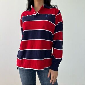 Polo Ralph Lauren Red and Navy Long Sleeve Striped Polo Shirt - Large